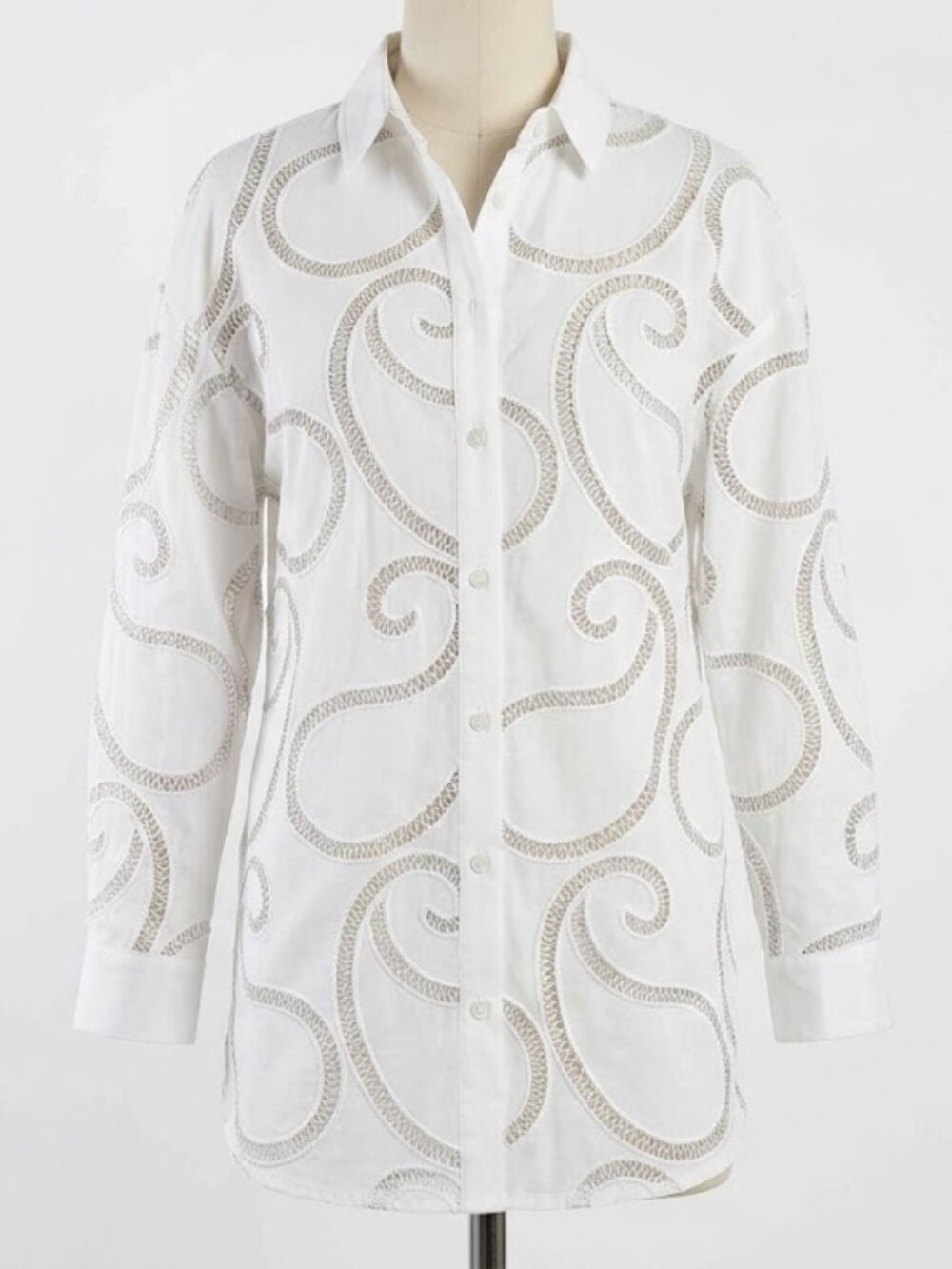 NWT Anne Fontaine Size Small White Eyelet Long Line Button Down Blouse